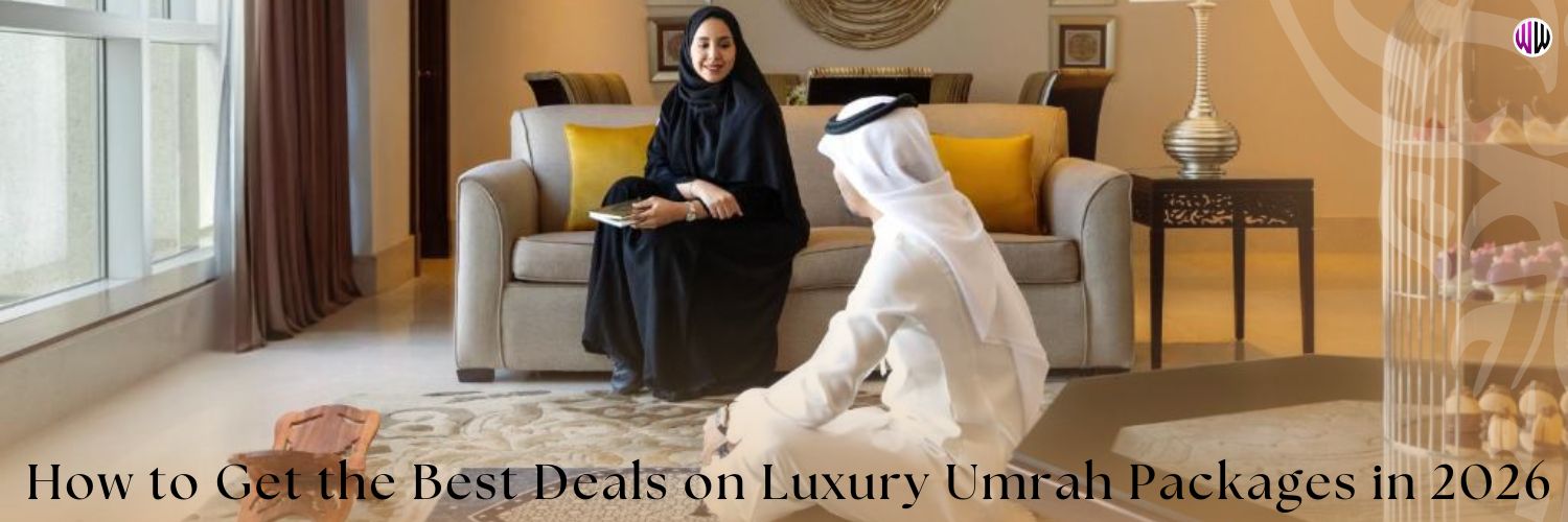 Luxury Umrah packages 2026: pilgrims walking towards Kaaba with comfortable accommodations