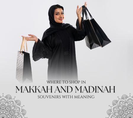 Souvenir shopping in Makkah and Madinah featuring Islamic gifts, prayer mats, tasbeeh and Umrah keepsakes